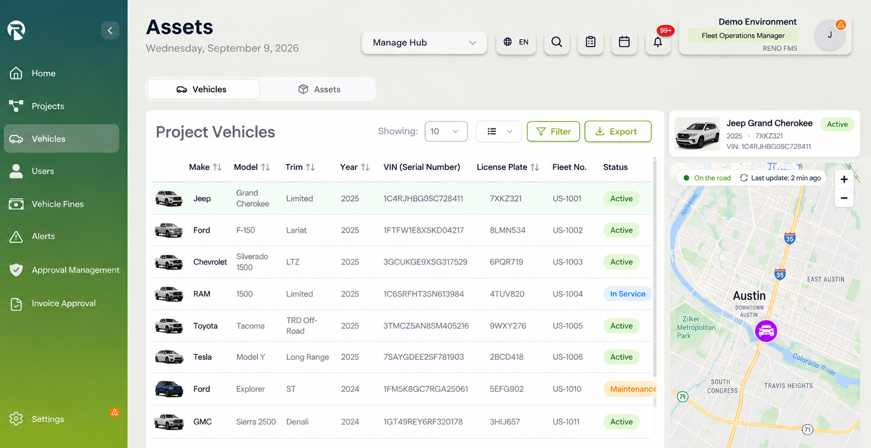 RENO FMS vehicle and asset management interface