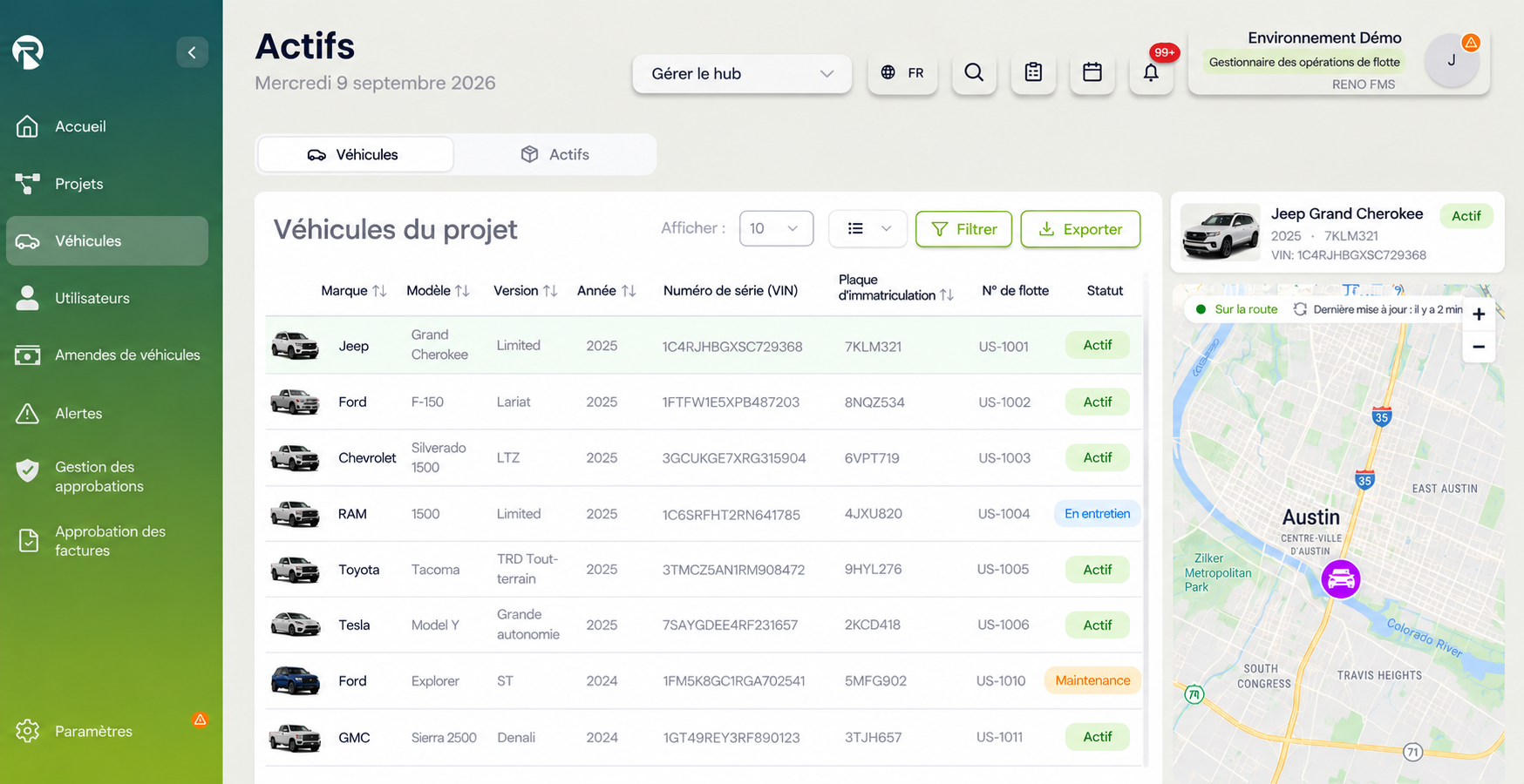 Interface de gestion des véhicules et des actifs RENO FMS