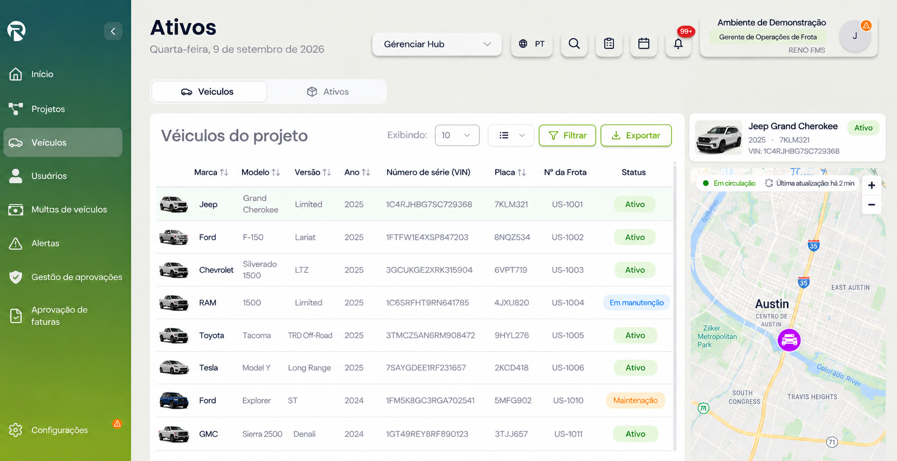 Interface de gestão de veículos e ativos do RENO FMS