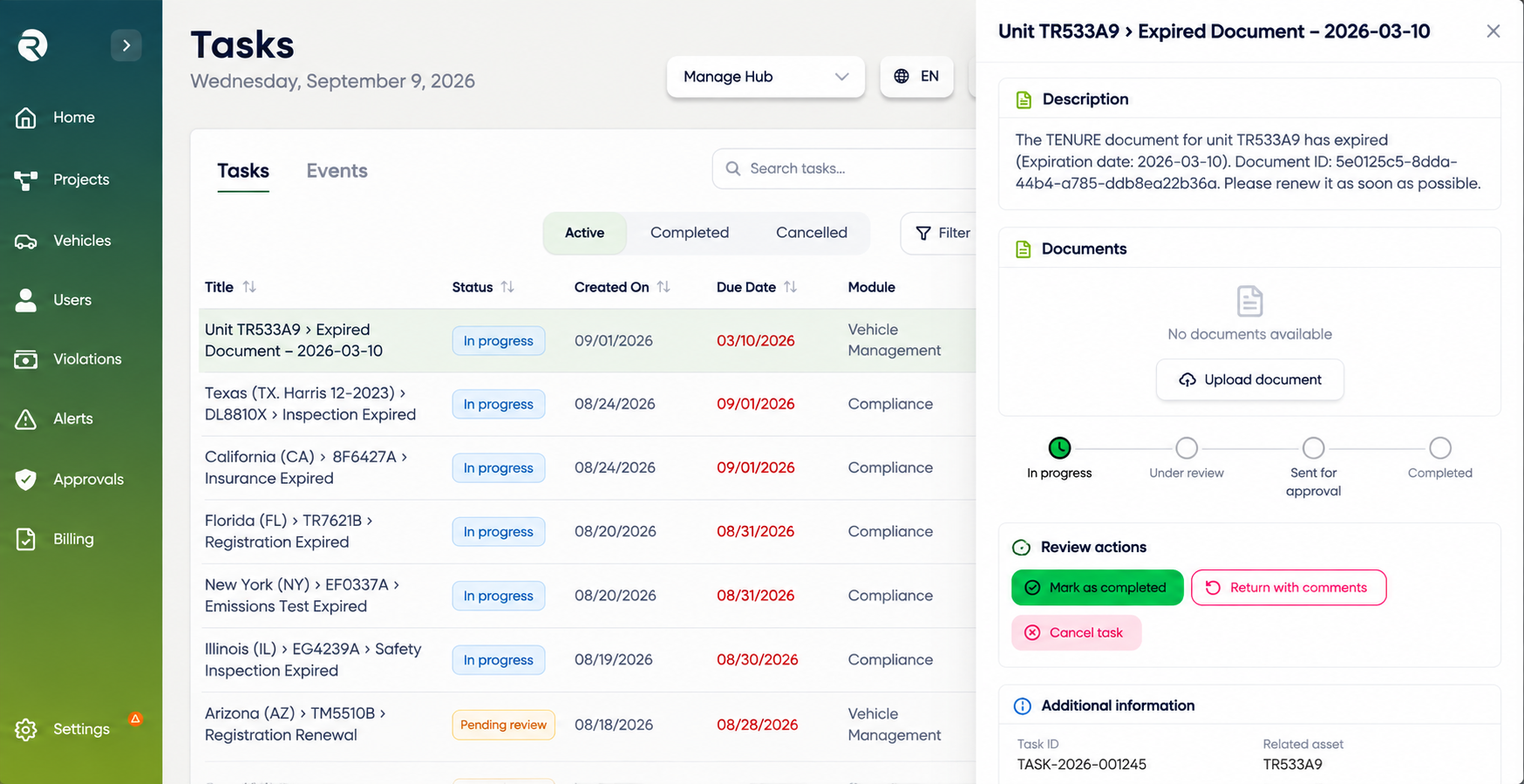 RENO FMS operational tasks and compliance interface