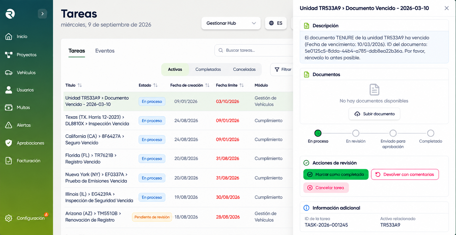 Interfaz de tareas operativas y cumplimiento de RENO FMS