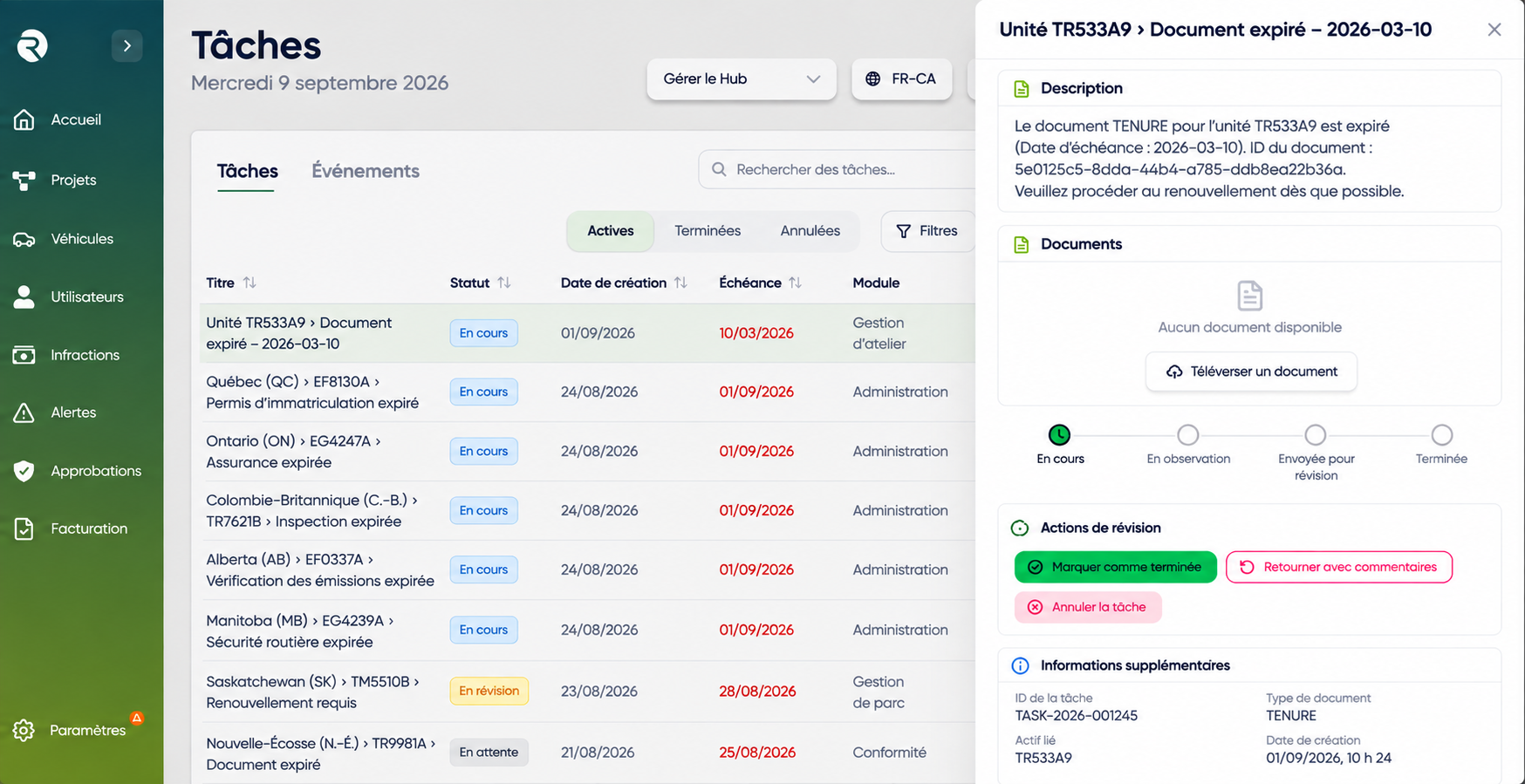 Interface des tâches opérationnelles et de conformité RENO FMS